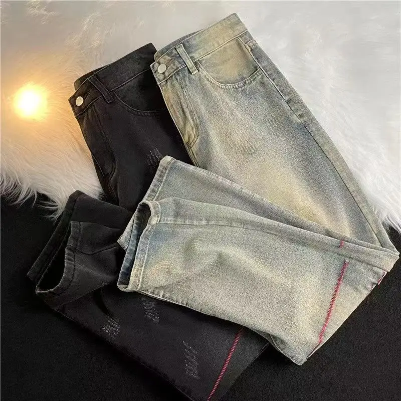 Straight-leg jeans for men and women American high-street design niche autumn and winter high-waist slim floor-length trousers
