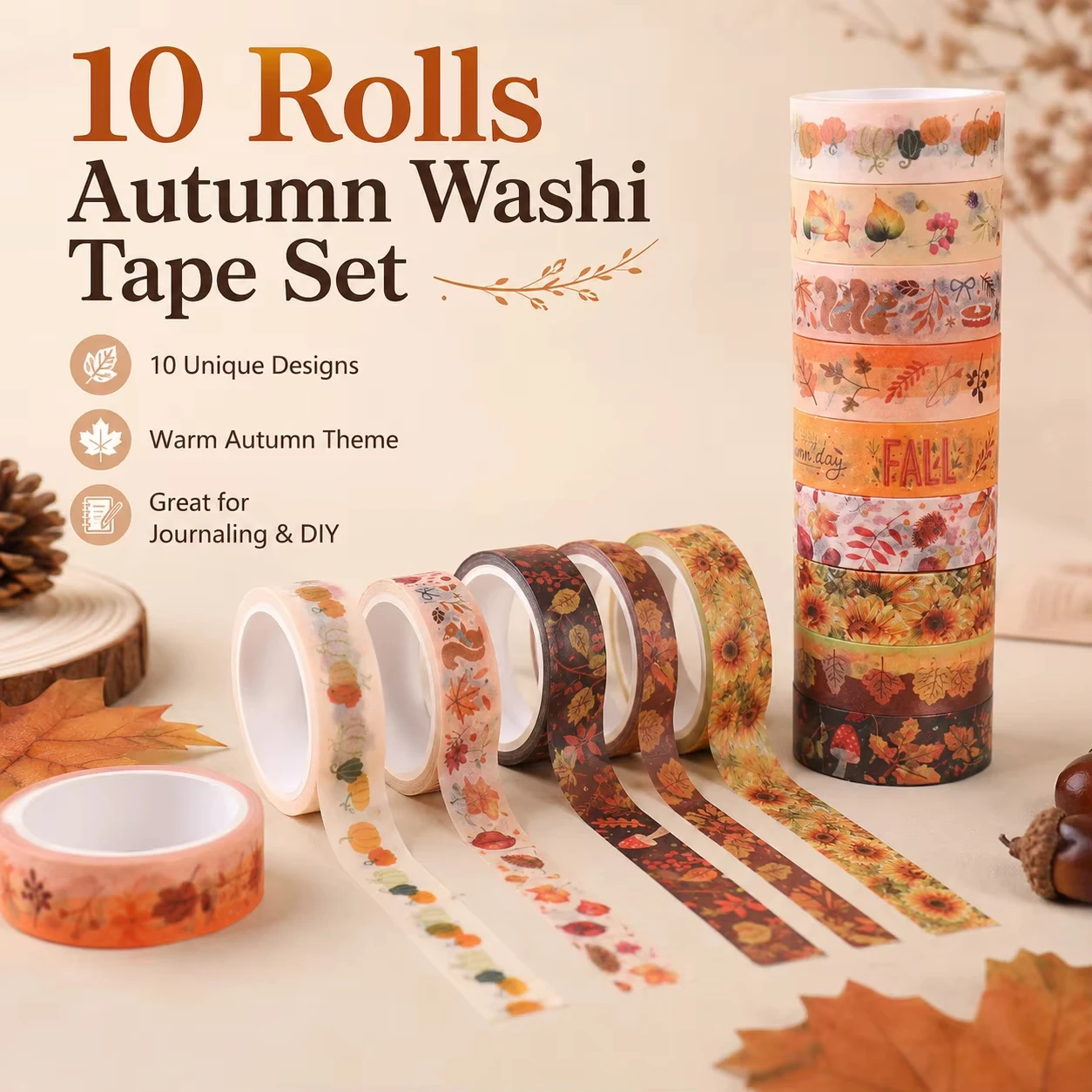 10 Rolls Autumn Washi Tape Scrapbooking Supplies Leaf Washitape Journal DIY Crafts Stationery Season Decorative Adhesive Tape