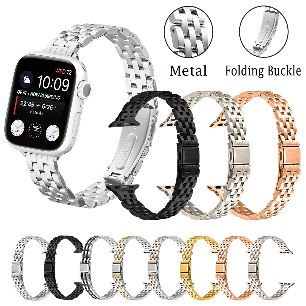 Strap for Apple Watch 38/40/41/42/44/45/46/49mm  Metal Watch Straps Five-bead Slingshot Buckle Steel Strap for Iwatch Series 10