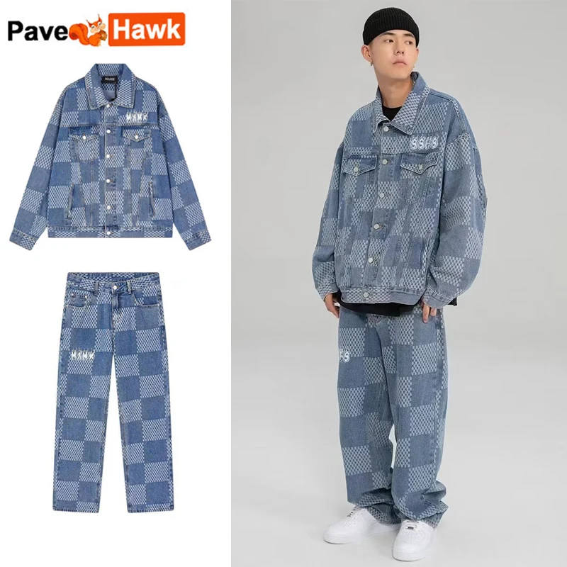 Autumn Denim Set Men Women Plaid Patchwork Lapel Denim Jacket Wide Leg Straight Jeans Mens Casual Loose Two Piece Suit Unisex