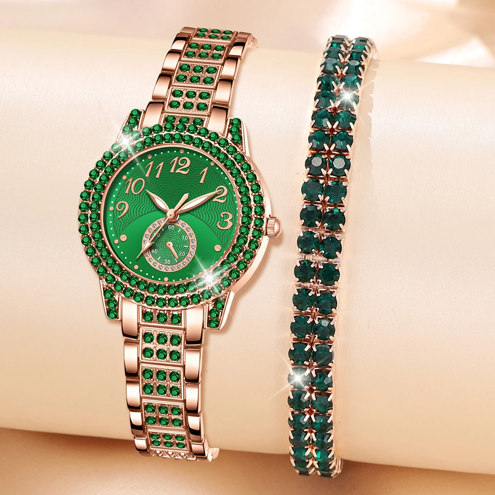 2PCS/SET Green Luxury Quartz Watch Women\'s Bracelet Water Diamond Fashion Watch Casual Women\'s Bracelet Watch