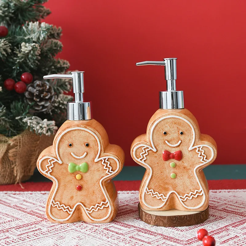 Christmas Gingerbread Man Ceramic Lotion Bottle Cute Character Decorative Soap Dispenser Shampoo and Body Wash Storage Bottle