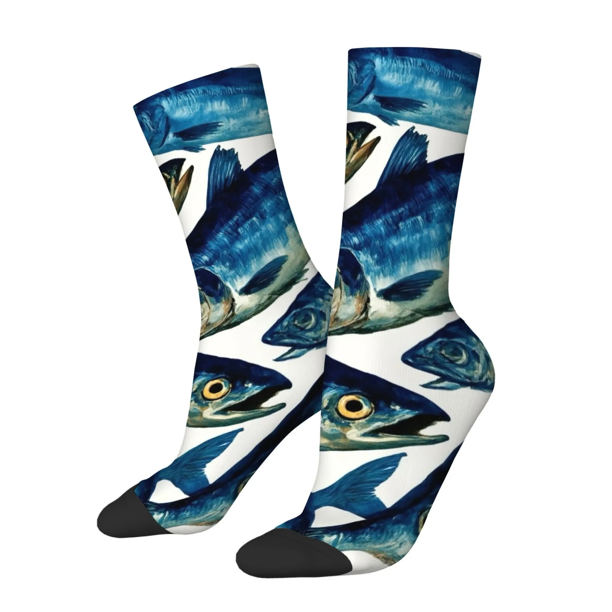 Quirky Blue Fish Print Men's Socks Stylish and Cool Street Hip-hop Harajuku Sports Socks Comfortable and Breathable Socks