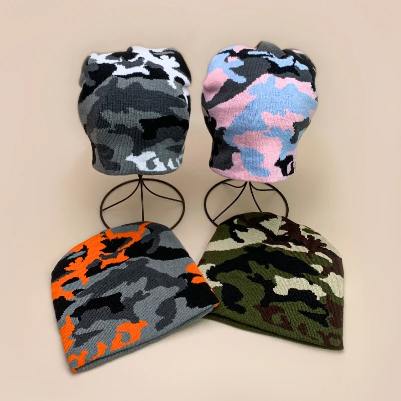 European Camouflage Knitted Hats Color Block Autumn and Winter New Warm Hip Hop Versatile Street Fashion Outdoor Retro Beanies