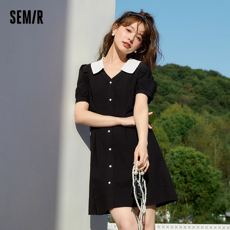 

Semir Dress Women Contrast Turn Down Collar 2023 Summer New Bubble Sleeve Black Dress Sweet And Elegant