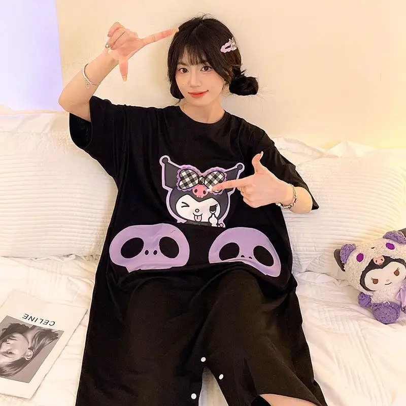 Sanrios لطيف منامة Kuromi الصيف Kawaii ثوب النوم نمط جديد طالب موضة رقيقة فضفاضة الراحة ملابس المنزل الكرتون عادية