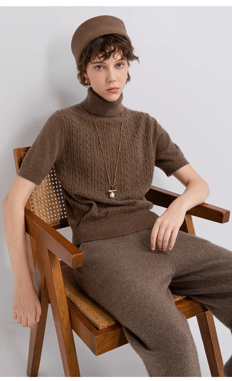 TH662122 Damen Rollkragenpullover mit Zopfmuster, Kurzarm, 100% Kaschmir, Gerippter Saum, Gemütlich, Lässig-Schick, Frühherbst – Detail 11