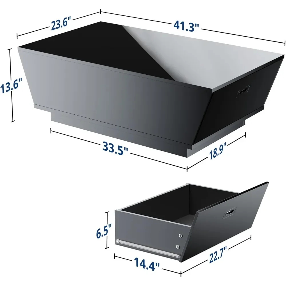 Mesa de centro moderna negra de 41 "con luces LED de 12 colores, mesa de centro contemporánea de alto brillo con 2 cajones de almacenamiento f