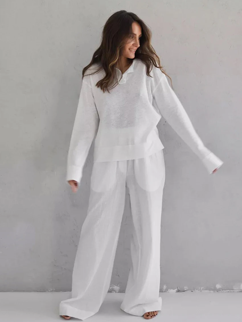 

Marthaqiqi Causal Ladies Sleepwear Set Sexy V-Neck Nightgowns Long Sleeve Nightwear Pants Loose White Female Pajama 2 Piece Suit