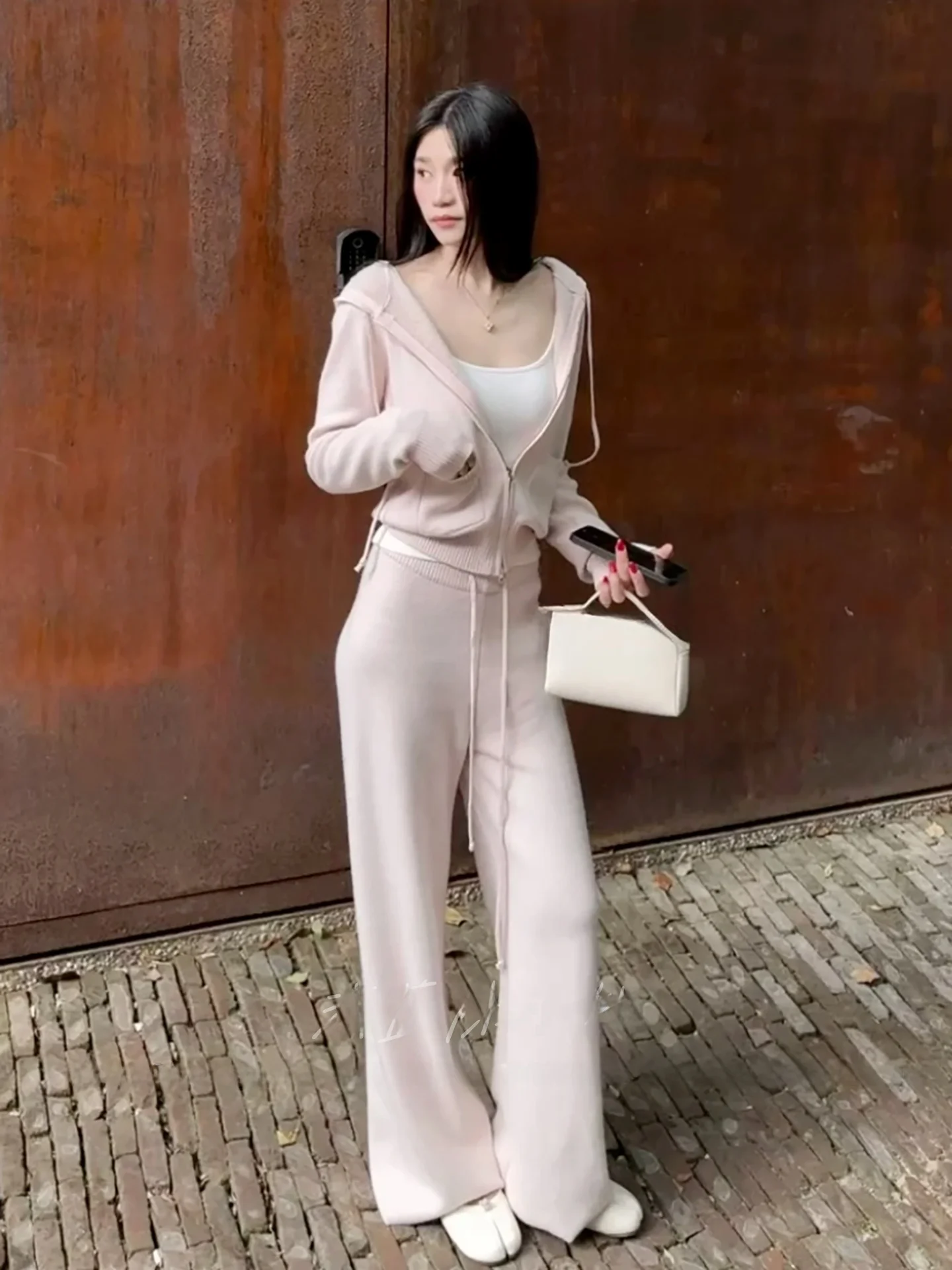 

Autumn Winter Women's Knitted Set Loose Feel Zipper Hoodie Cardigan Long Sleeve High Waist Thermal Casual Pants Two Piece Suit