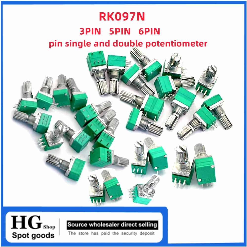 Potenciómetro único y doble de 6 pines, 5K, 10K, 20K, 50K, 100K, 15MM de longitud, RK097N, 3 pines, RK097NS, 5 pines, RK097G, 5 unidades por lote