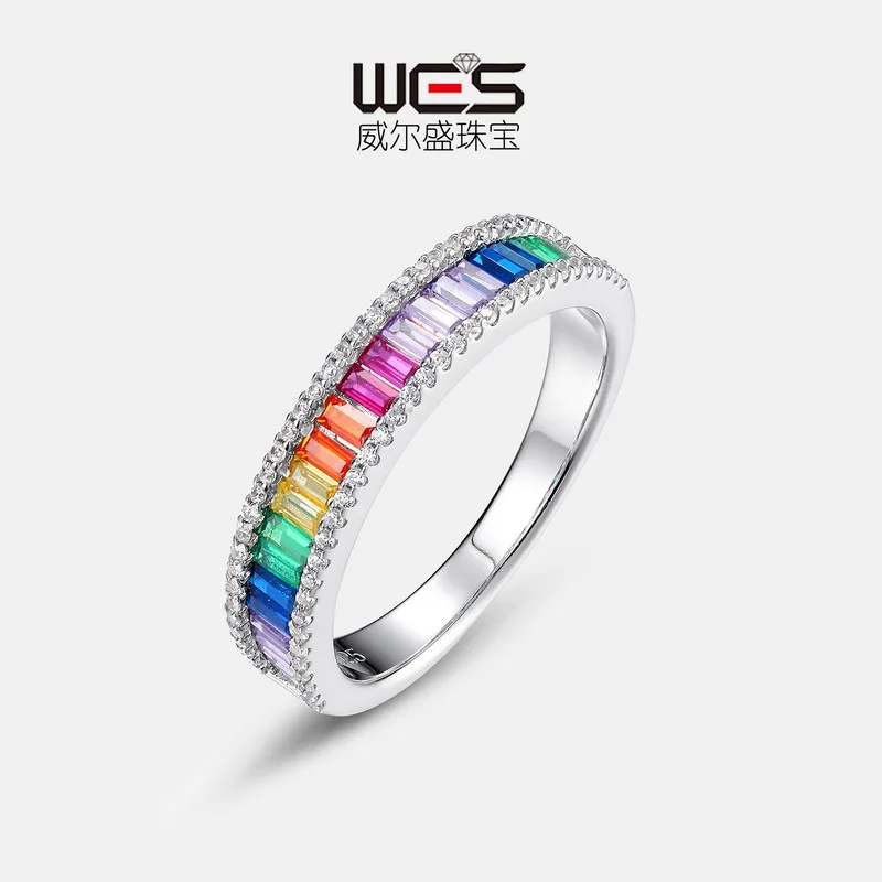 Hot Dopamine Fashion Rainbow Zircon Ring S925 Silver Full Set Colorful Treasure Finger Ring European and American Simplicity