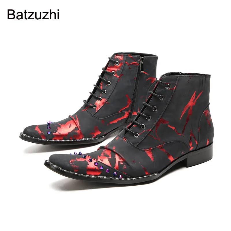 

Batzuzhi Handmade Men's Shoes Boots Luxury Fashion Black Red Ankle Genuine Leather Boots for Men Party and Wedding Botas!