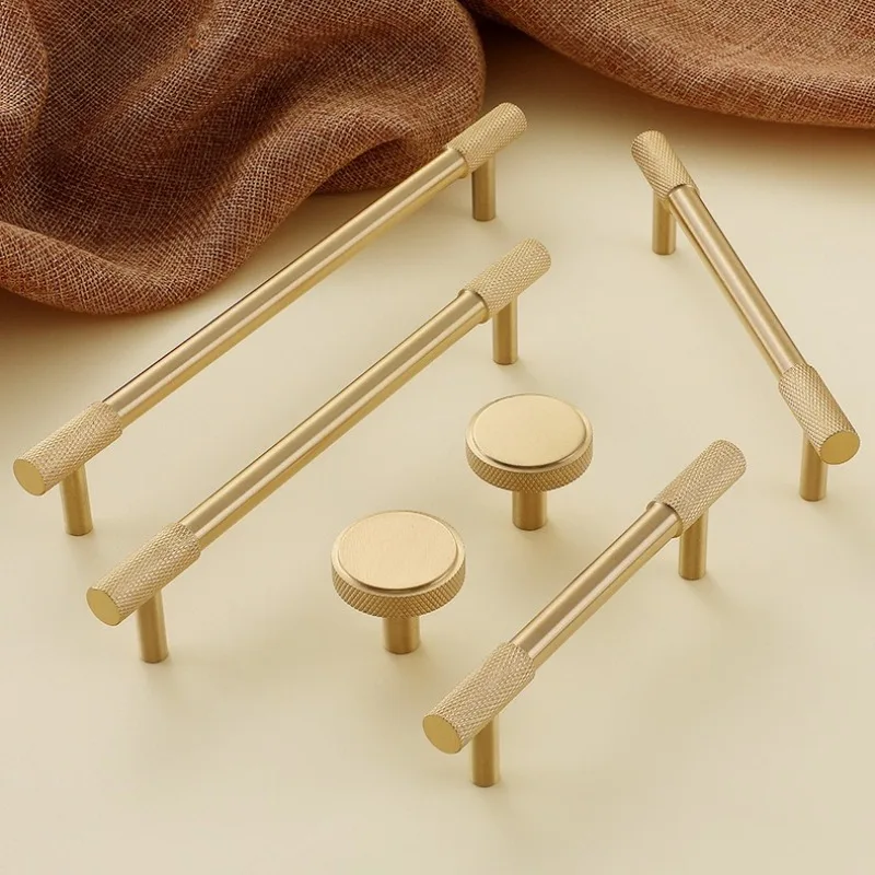 Modern Knurled Copper Cupboard Wardrobe Dresser Shoe Box Drawer Cabinet Knobs Brass Furniture Hardware Handles T-Bar Door Pulls