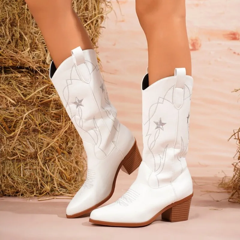 Women's Boots Mid-Calf Pointed Toe Mid Block Heel Western Style Leather-Look Slip-On Star Embroidery Detail Casual Footwear 2026 - view 4