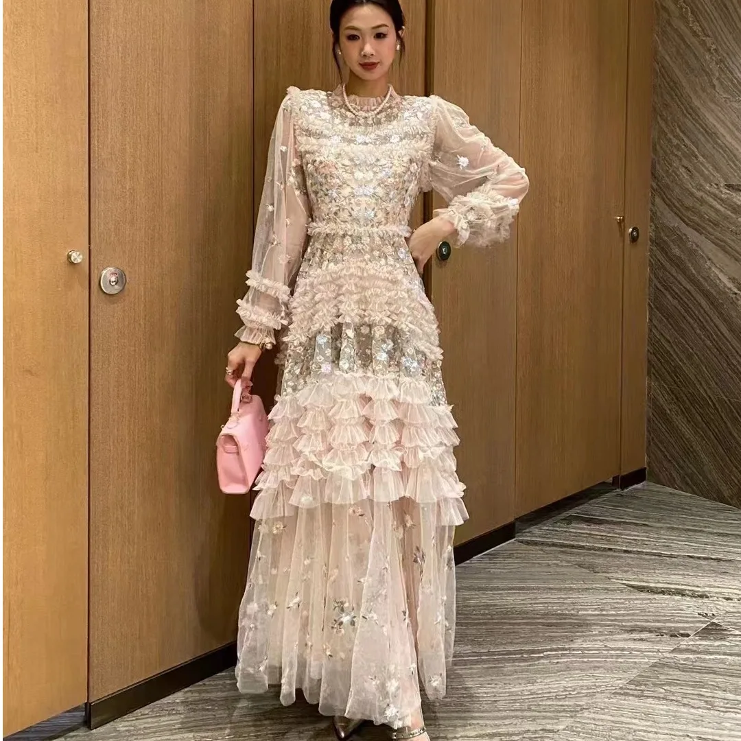  Embroidered Heavy Work Wooden  Large Swing Dress Elegant Country Forest Style High Waist Lantern Sleeve Dress