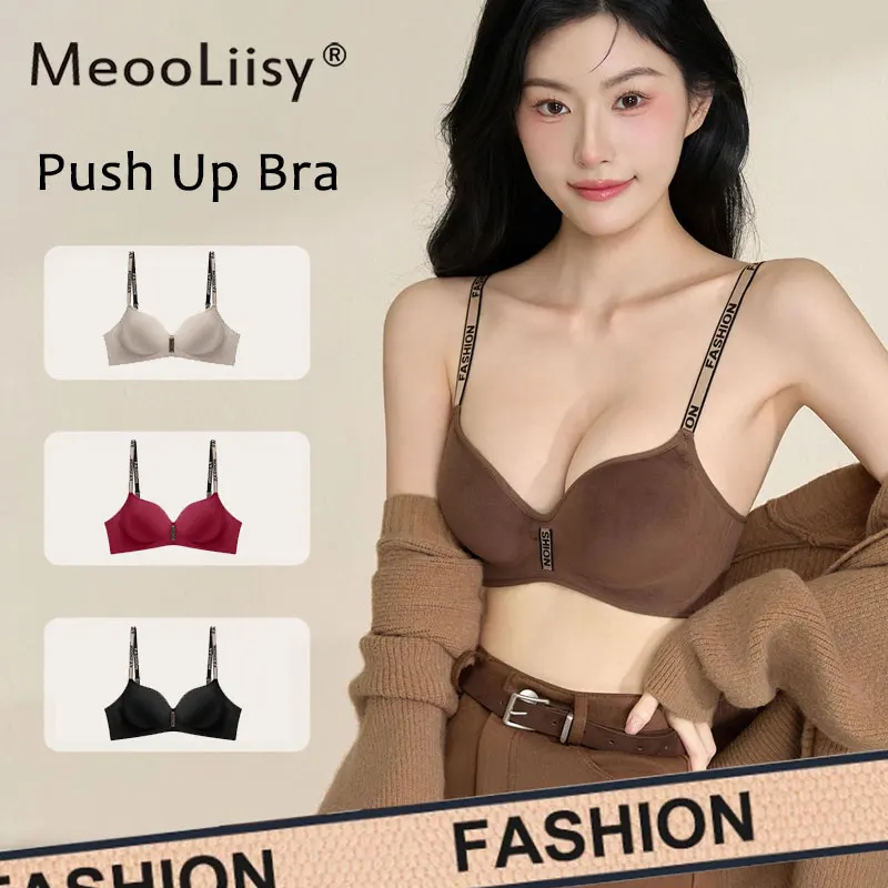 

MeooLiisy Fashion 3CM Thickened Push Up Bra for Women A to C Cup Wireless Lingerie Seamless Deep V Brassiere Underwear