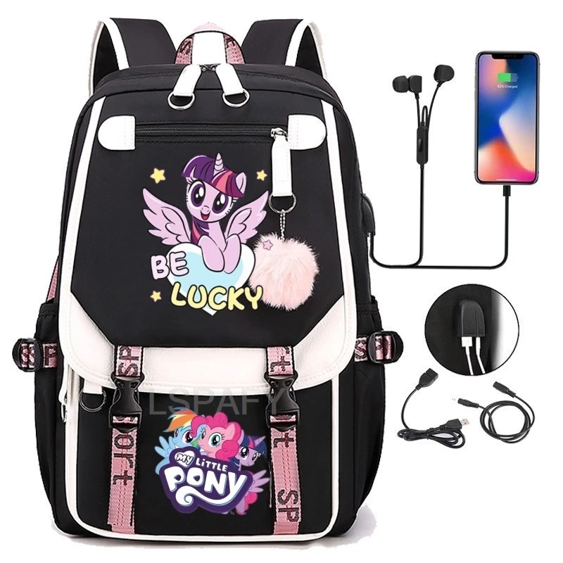 Mochila My Little Pony con USB, Mochila de dibujos animados con capacidad para portátil, Mochila de viaje para mujer, Mochila escolar de lona para portátil