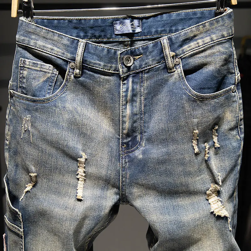 

Весенне-осенние эластичные ностальгические рваные джинсы большого размера, мужские свободные брюки Fat Plus, модные брендовые брюки Fat Guy, потертые длинные брюки