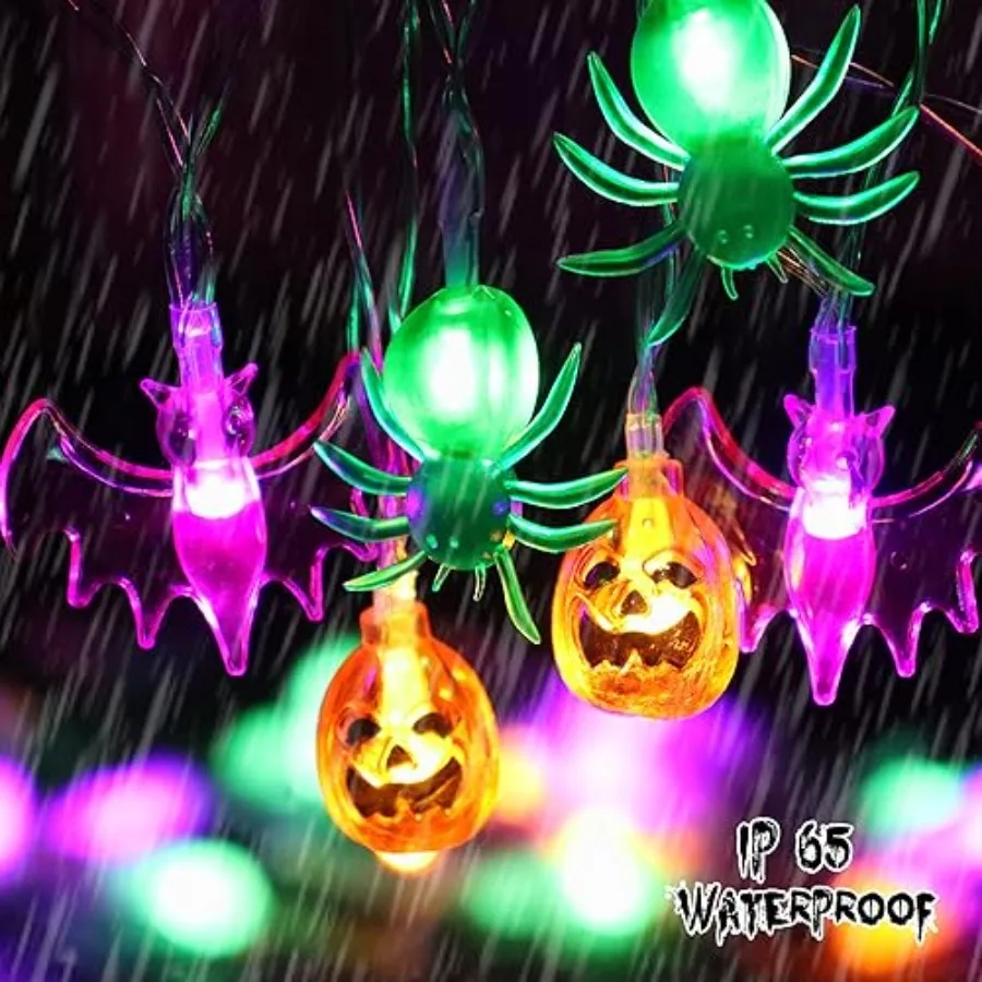 Halloween Lights, 16 Feet 30 LED Waterproof 3D Pumpkin Bat Spider Battery Operated String Lights with Timer, 8 Lighting Modes F