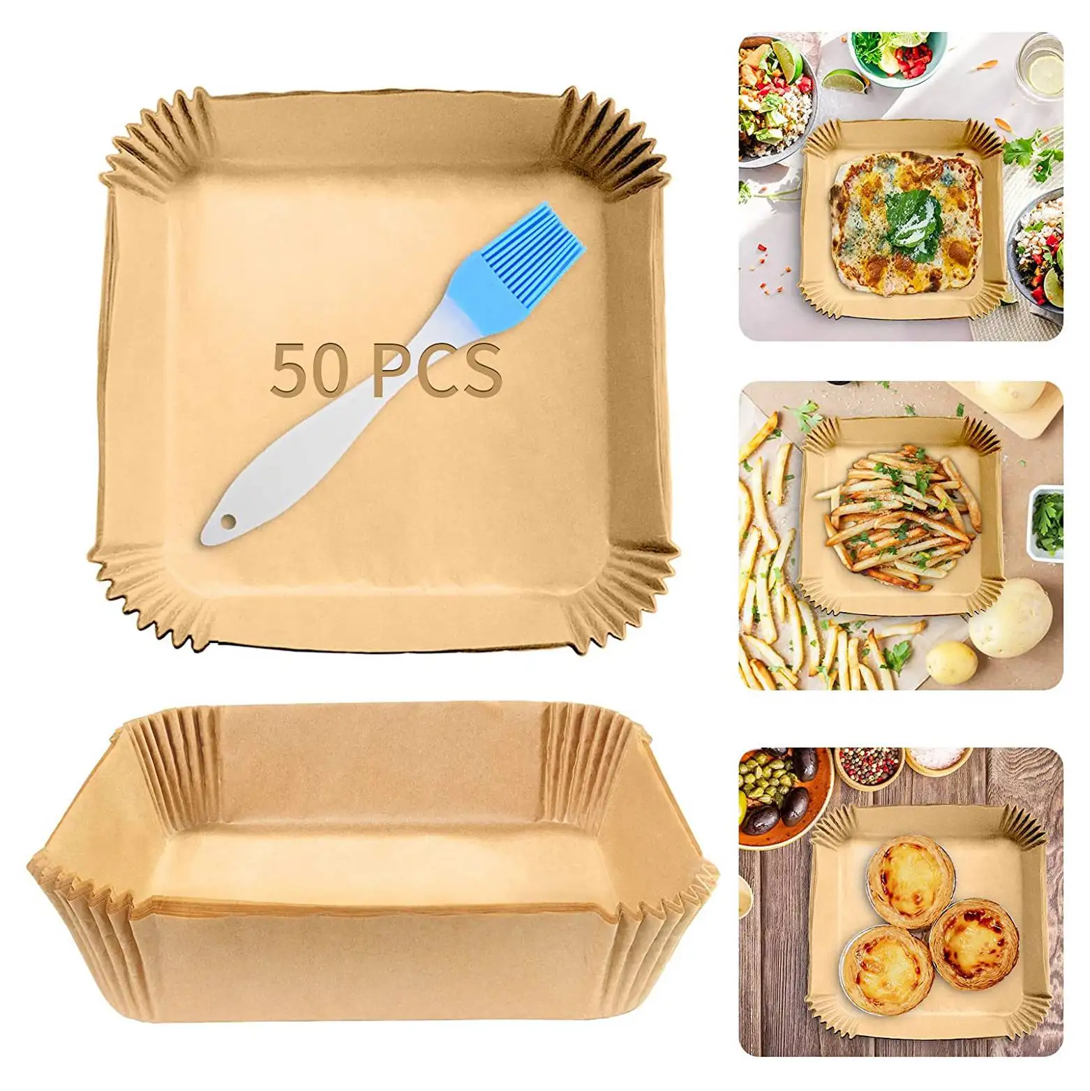 กระดาษ parchment หม้อทอด Air fryer 50ชิ้นพร้อมแปรงทาน้ำมันแผ่นหม้อทอด Air fryer กระดาษรองหม้อทอด Air fryer สี่เหลี่ยมขนาด6.3นิ้วแบบใช้แล้วทิ้ง