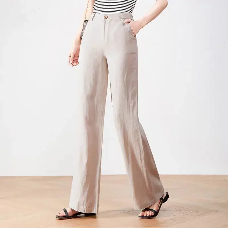 Women White Pure Linen Wide Leg Trousers Elastic Band Waist Summer Thin Loose Breathable Straight  Pants Oversize Z157