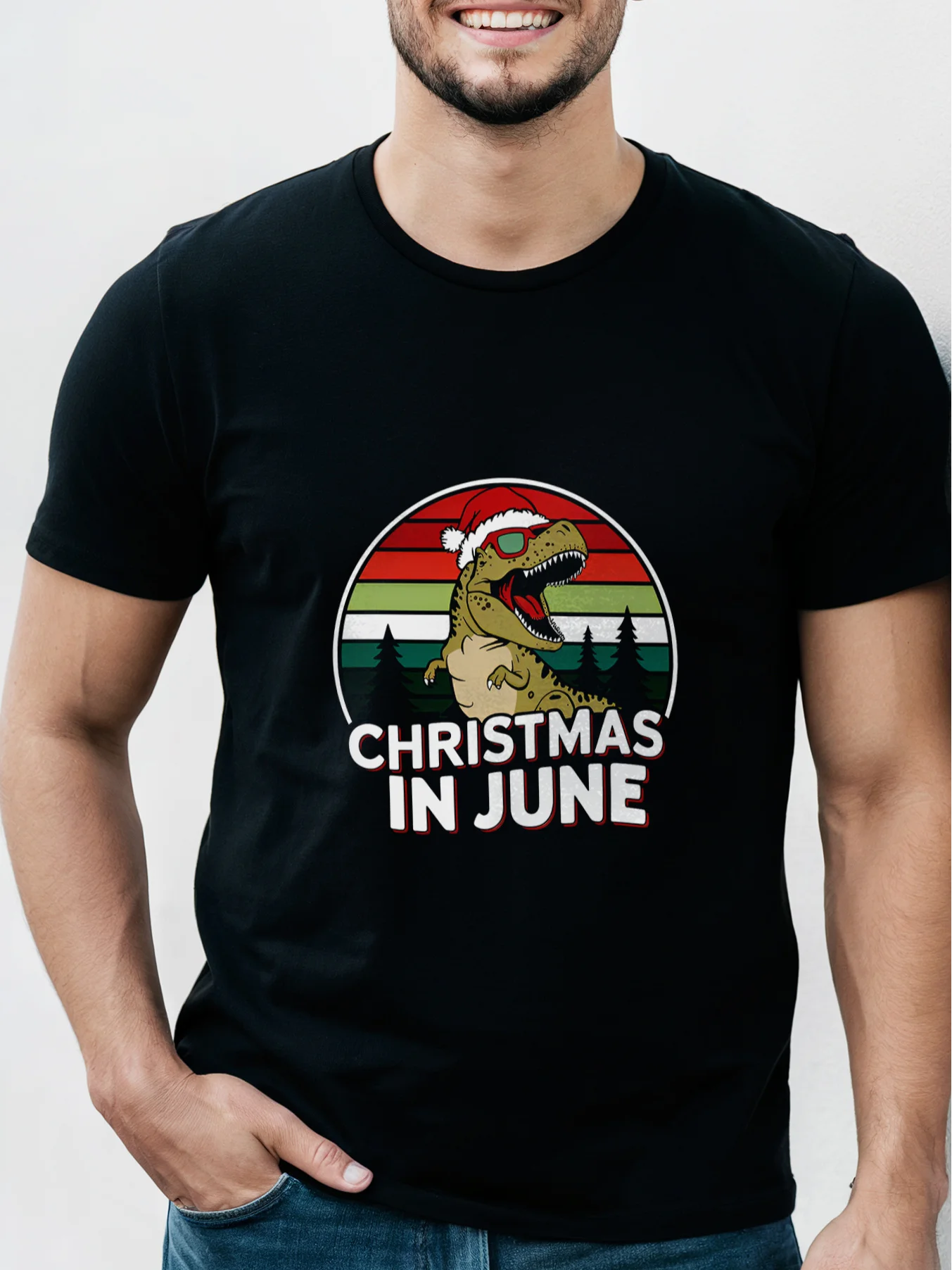 

Men'S Cotton T-Shirt, Casual Crew Neck, Slight Stretch Knit Fabric, Regular Fit, with Dinosaur Christmas in June Print, for Summ
