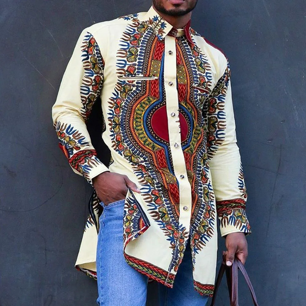 New Version African Clothing Style Printing Colorful Matching Fashion Casual Long-sleeved Round Neck Men's Long Shirt