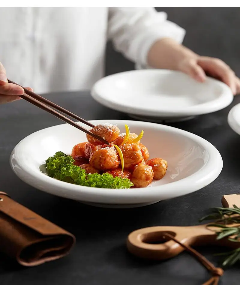 

Japanese-style Round Home Dining Plate Ceramic 8 Inch Cutlery Pasta White Thick Side Snack