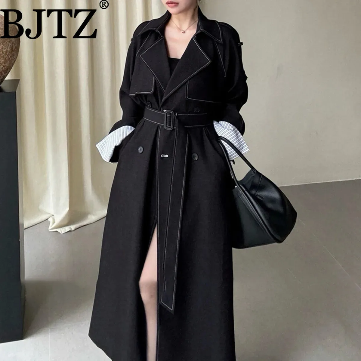 

BJTZ темпераментный дизайнерский тренч с длинным рукавом контрастного цвета, женский элегантный свободный крой с поясом и завязкой на талии, женская верхняя одежда