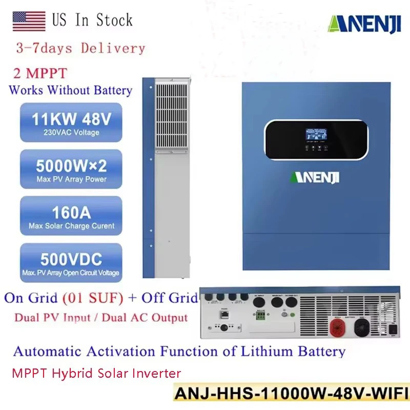 ANENJI 11KW Hybrid Solar Inverter 48V 230VAC Pure Sine On Grid Inverter 2 AC Output/PV Input On Grid 160A Solar Charger PV 500V