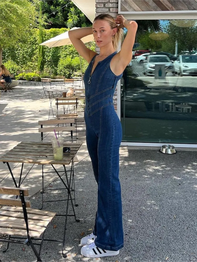 Trendy Vintage Style Sleeveless Denim Jumpsuits Women Solid Color Sexy Backless Package Hip Slim Jumpsuit Female Streetwear 2024