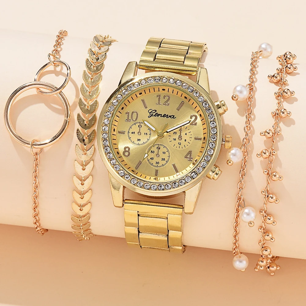 5PCS Quartz Watch Set Women Fashion Silver Round 3 Eyes Alloy Strap Wristwatch Gift Rhinestone Watch For Women Jewelry Set