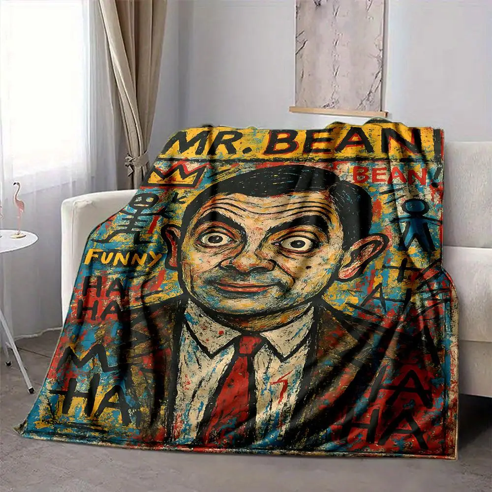 1pc Mr. Bean Art Flannel Throw Blanket HD Printed Lightweight Soft Warm All Season Blanket for Travel, Camping Machine Washable