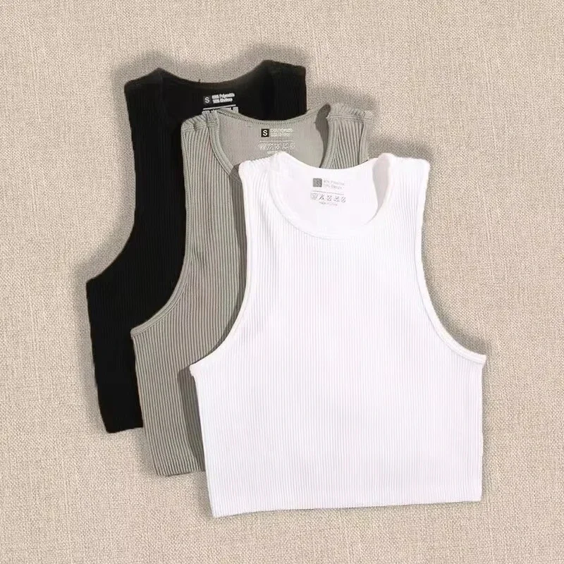 

3 Piece Yoga Vest Women Gym Sports Black White Crop Tops Seamless Streetwear Rib Knit Workout BreathableTank Top Female
