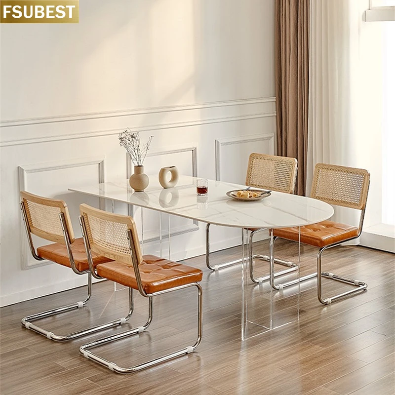 FSUBEST Fashion Modern  White Rock Slab Dining Table And 4 Dinning Chairs Acrylic Floating Frame Dinner Tables Set Chaises Salle