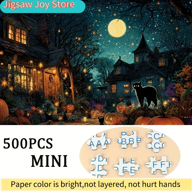 1 Caixa (500 peças) Quebra-Cabeças para Adultos, Tema Abóbora Iluminada e Chalé Noturno, para Jogos de Festa e Atividades - Mosaico de Cores Mistas que Brilha no Escuro 15