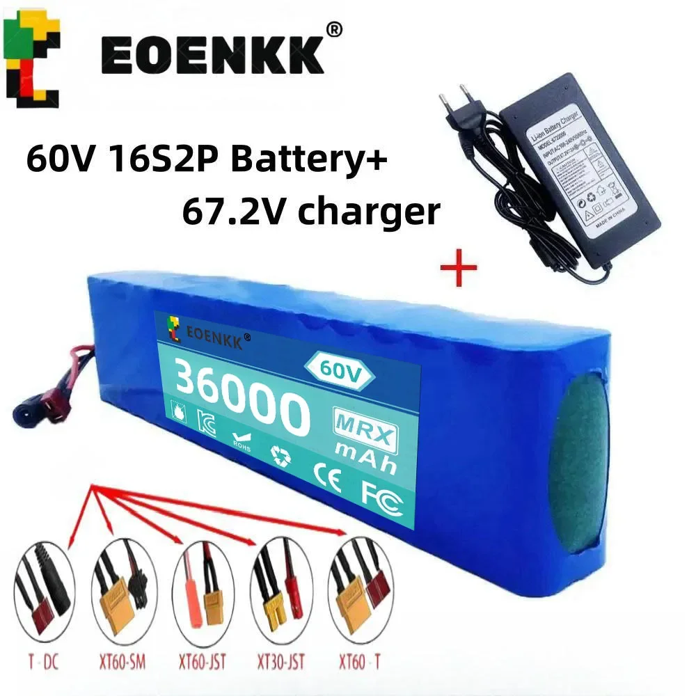 EOENKK 60V 16S2P 36000mah 18650 Lithium Ion Battery Pack 67.2V for Backup battery pack Kids Car Built In 1000 Watt with Bms