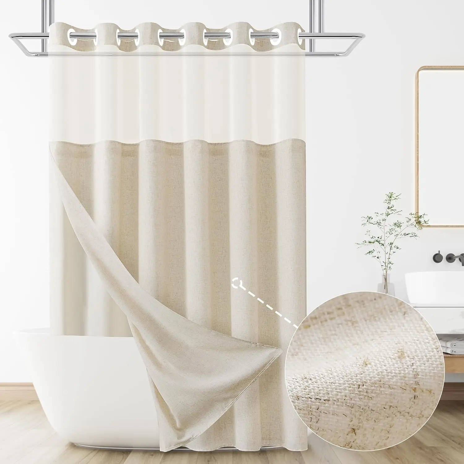 

No Hooks Linen Shower Curtain Set with See-Through Window, Water Resistant, Cream Beige for Bathroom Luxury Decor