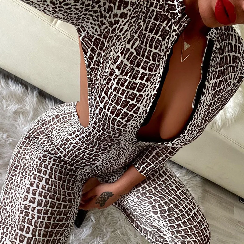 Gymdolphins 2023 New Women Sexy Jumpsuit Snakeskin Printed Backless Skinny Jumpsuits Zippered Long Sleeves Yoga One-piece Suits