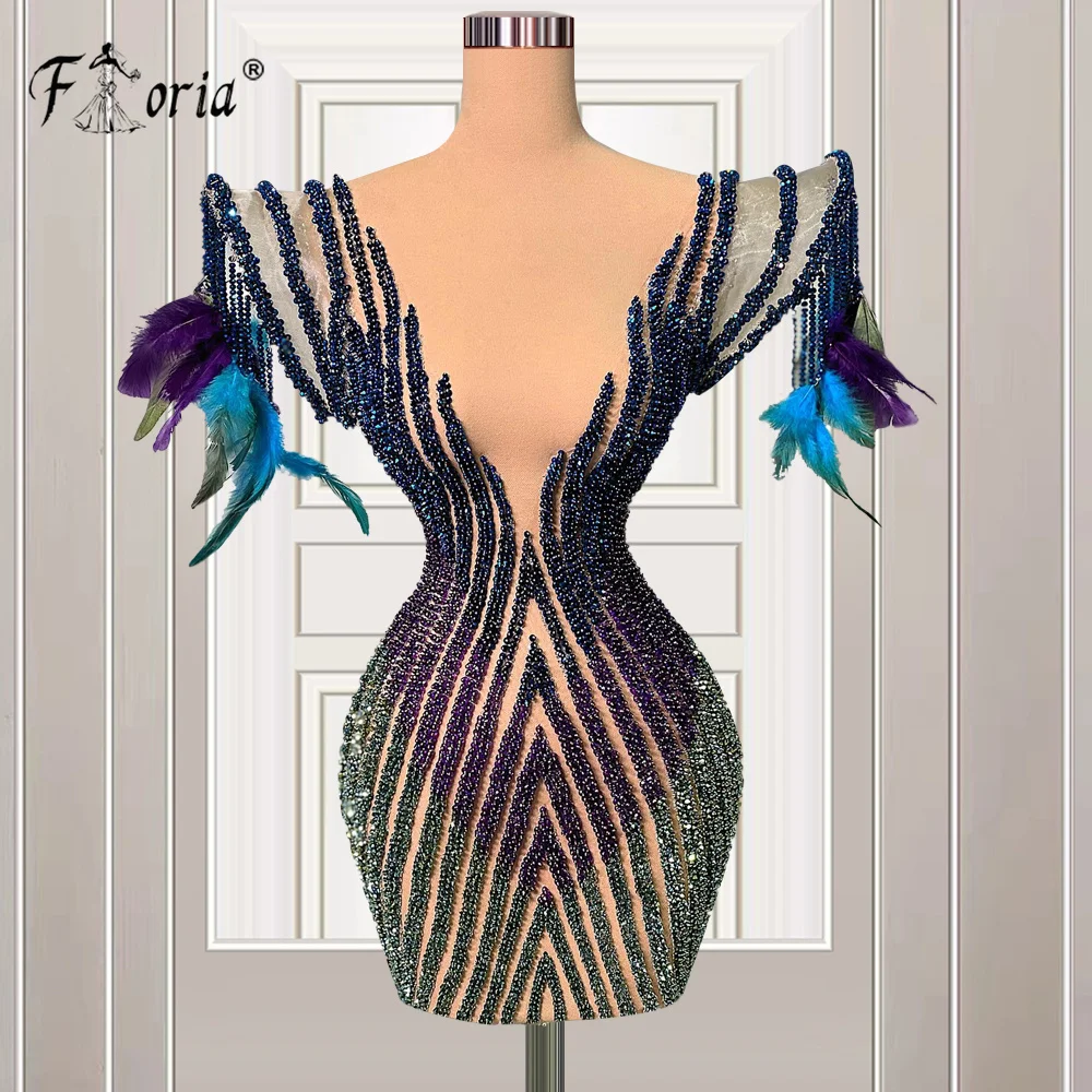 Sexy Deep V Neck Short Cocktal Dress Beaded Feather Handmade Mini Prom Dresses Couture Celebrity Party Gown For Special Occasion