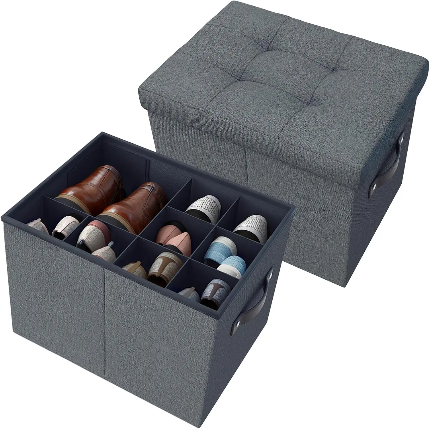 2-Pack Foldable Storage Ottoman with Adjustable Dividers - Shoe Organizer and Bench for Closet, Living Room, Bedroom - Storage B
