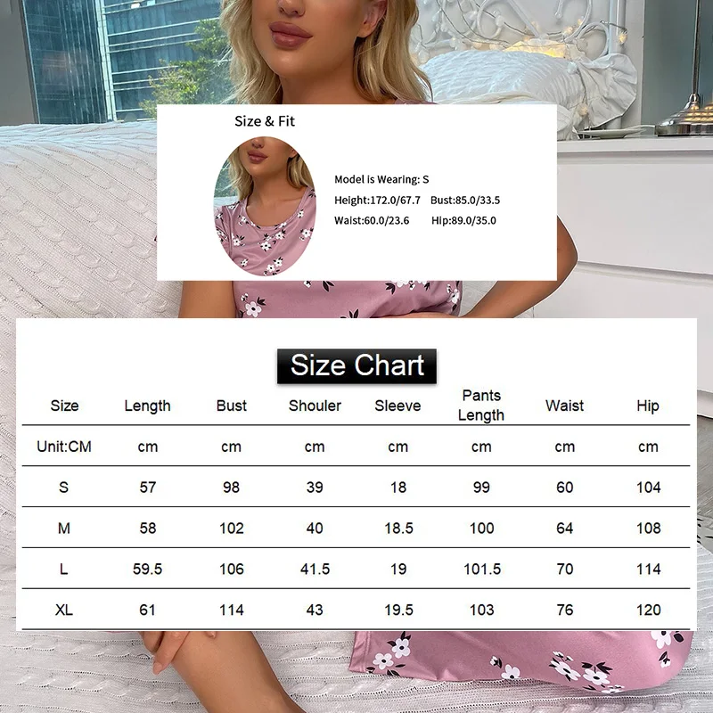 Women Pajama Set Sleepwear Short Sleeve Tops With Long Pants Pajamas Nightwear Floral Print Pyjama Sets Cute Homewear Pijamas Pj