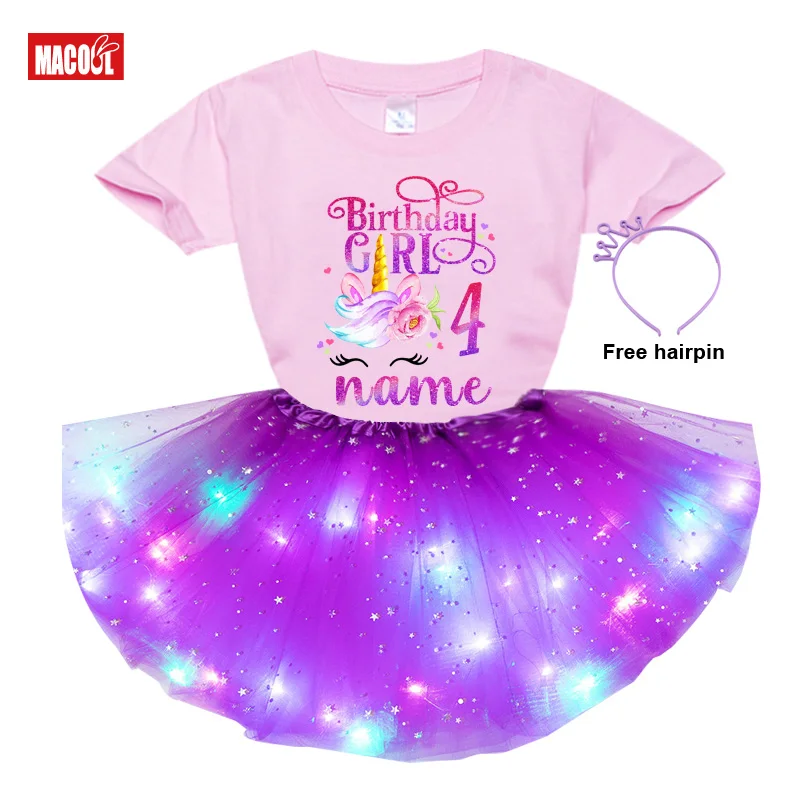 Girls Unicorn Tutu Outfit Birthday Shirt Set Unicorn Shirt for Girls Party Outfits Princess Light Dress+tshirt Dress Custom Name