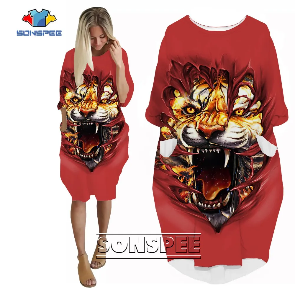 

SONSPEE 3D Printing Red Tiger Harajuku Animal Dress Men's And Women's Comfortable Street Pockets Skirt Lady Loose Robe