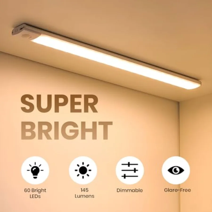 12 Inch Under Cabinet Lighting, 2 Pack 60 LED Motion Sensor Lights, 145LM USB-C Rechargeable, 2200mAh Battery, 10 100% Dimmable