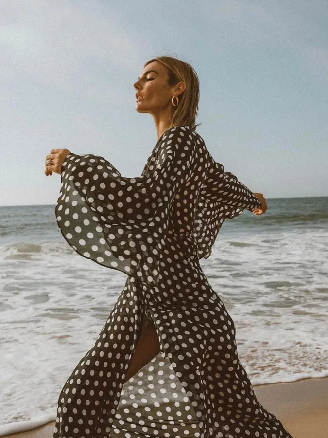 Modis Hitam Polka Dot Vintage potongan rendah busur satu potong baju renang dan kerudung pantai romantis pantai liburan elegan wanita 2023