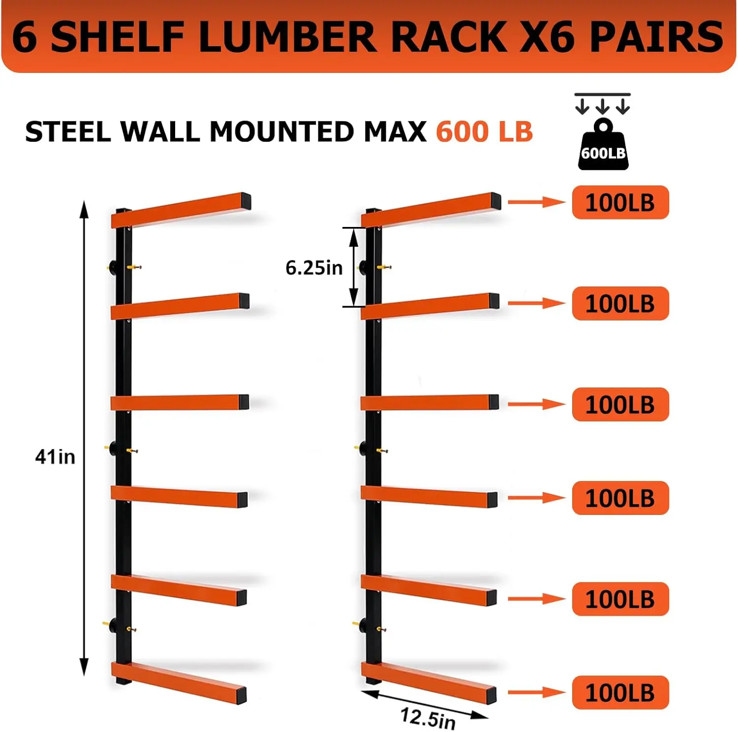 6 Pair Of 6 Levels Shelf Lumber Rack Lumber Storage Rack Lumber Organizer Wood Organizer Steel Wall Mounted Max 600 Lb