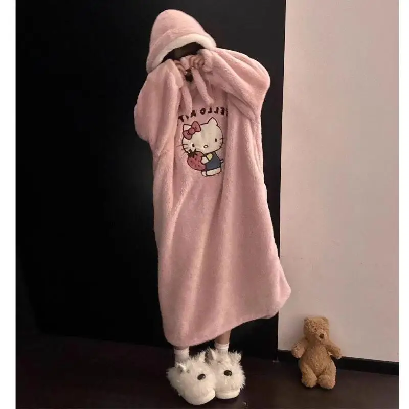 Hello Kitty Nightgown for Women Winter Warm Coral Velvet Plus Velvet Thickening Can Be Worn Outside Home Clothes Pajamas Cartoon
