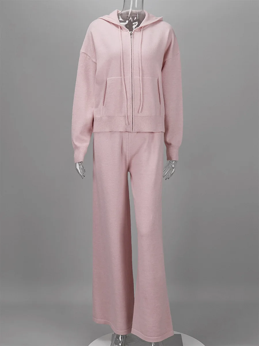 Autumn and Winter Women Sports Style Hoodie Wide Leg Pants Set Elegant Thick Warm Soft Antibacterial Knitted Sweater Pants 2Pcs view 5